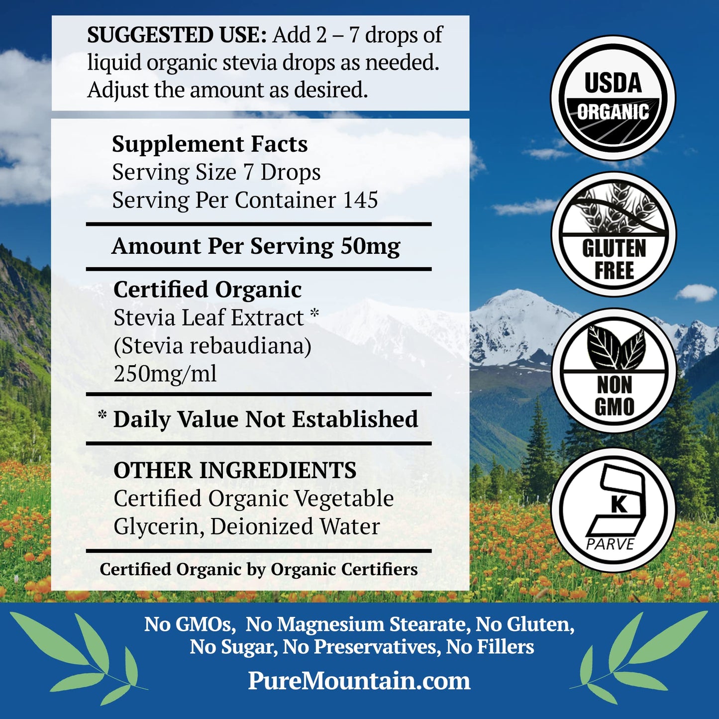 Pure Mountain Botanicals Organic Liquid Stevia Sweetener -    Free, 1 Fl Oz Glass Bottle