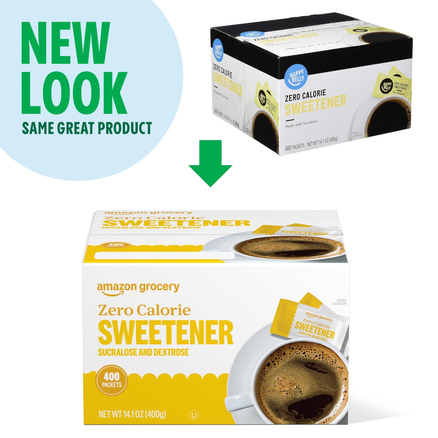Large Online Retailer Grocery, Zero Calorie Sucralose And Dextrose Sweetener Packets, 400 Ct (Previously Happy Belly, Packaging May Vary)