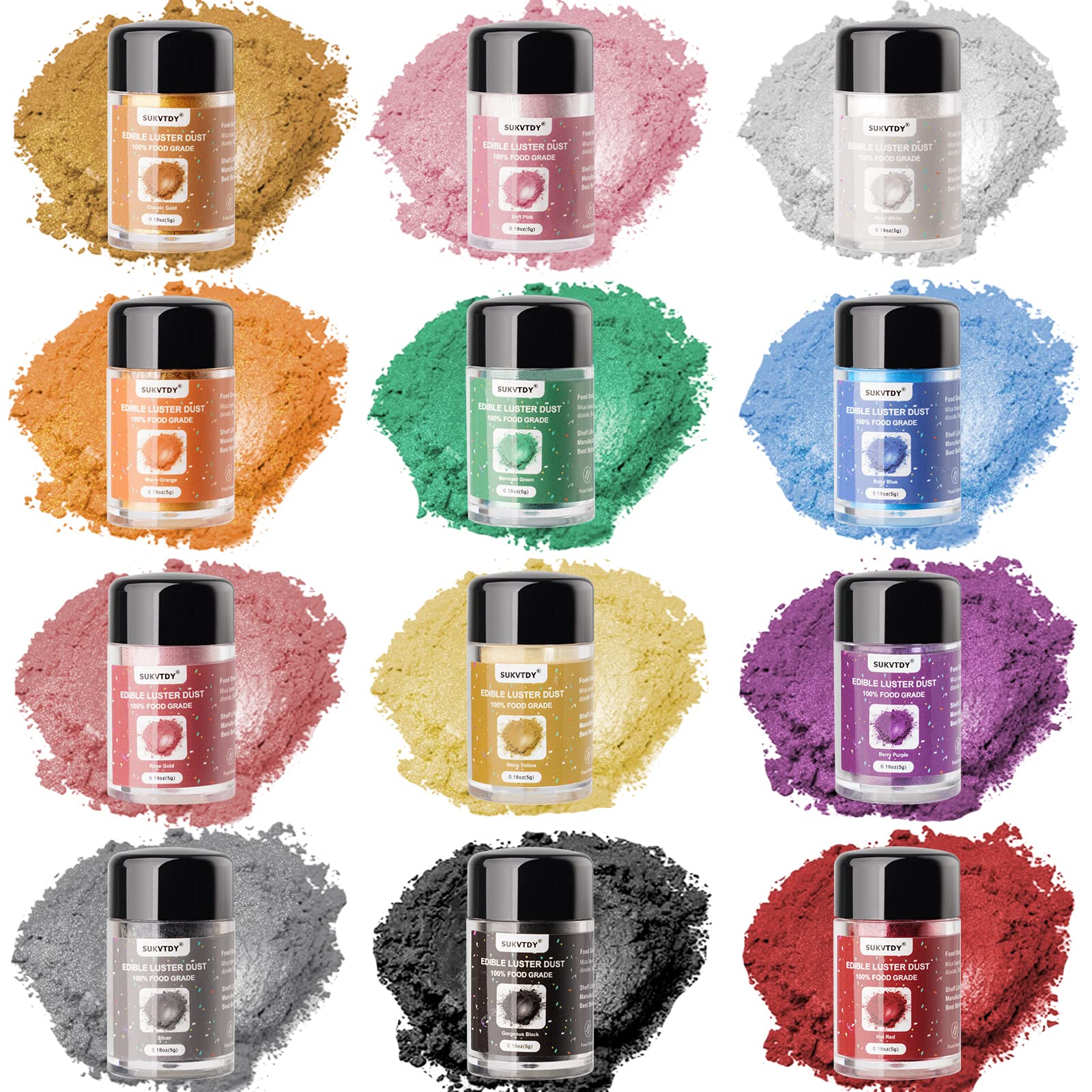 Edible Glitter Set, 12 Colors x 5g Food Grade Shimmer Luster Dust Edible, Food Glitter for Drinks Cake Decorating Cocktails Cook