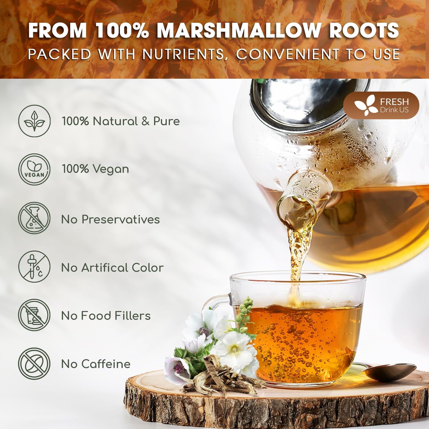 FRESHDRINKUS Premium Marshmallow Root Herbal Tea Bags, 100% Natural, Eco-Conscious, 75 Count
