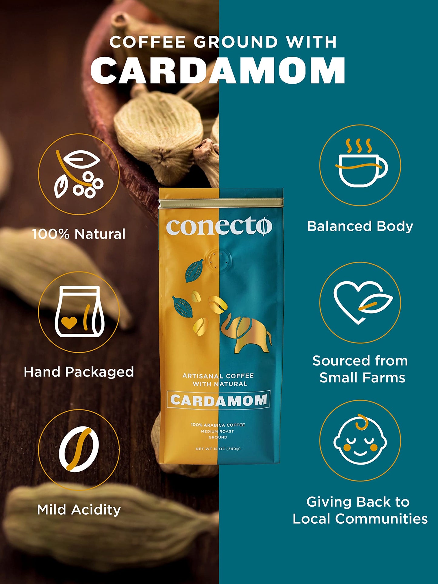 Conecto Cardamom Coffee: 100% Natural and Artisanal, Guatemalan Arabica Ground Coffee Flavored with Clay Pot Roasted Cardamom, M