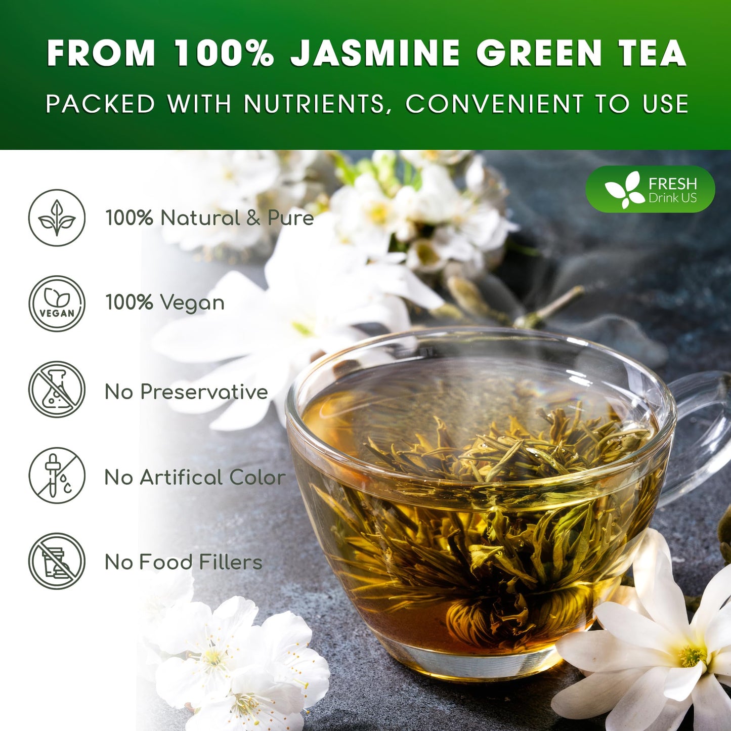 Freshdrinkus, Premium 135 Jasmine Green Tea Bags, 100% Natural & Pure From Jasmine Green Tea. Jasmine Green Herbal Tea. Made Wit