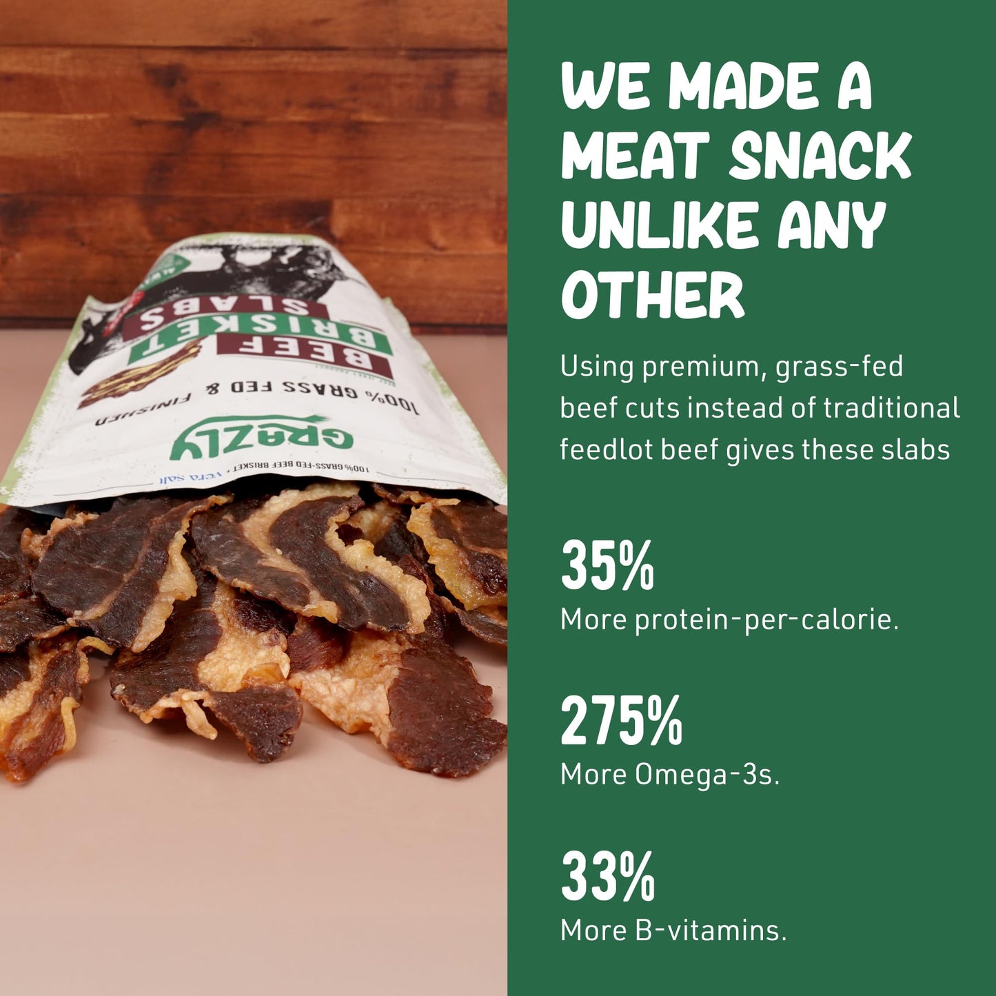 Grazly Beef Brisket Slab - Grass-Fed & Finished | Only Meat & Salt  Soft & Buttery Texture | High-Protein Carnivore Snack | Made from 1lb Raw Brisket | 5oz On-the-Go Snack Pack