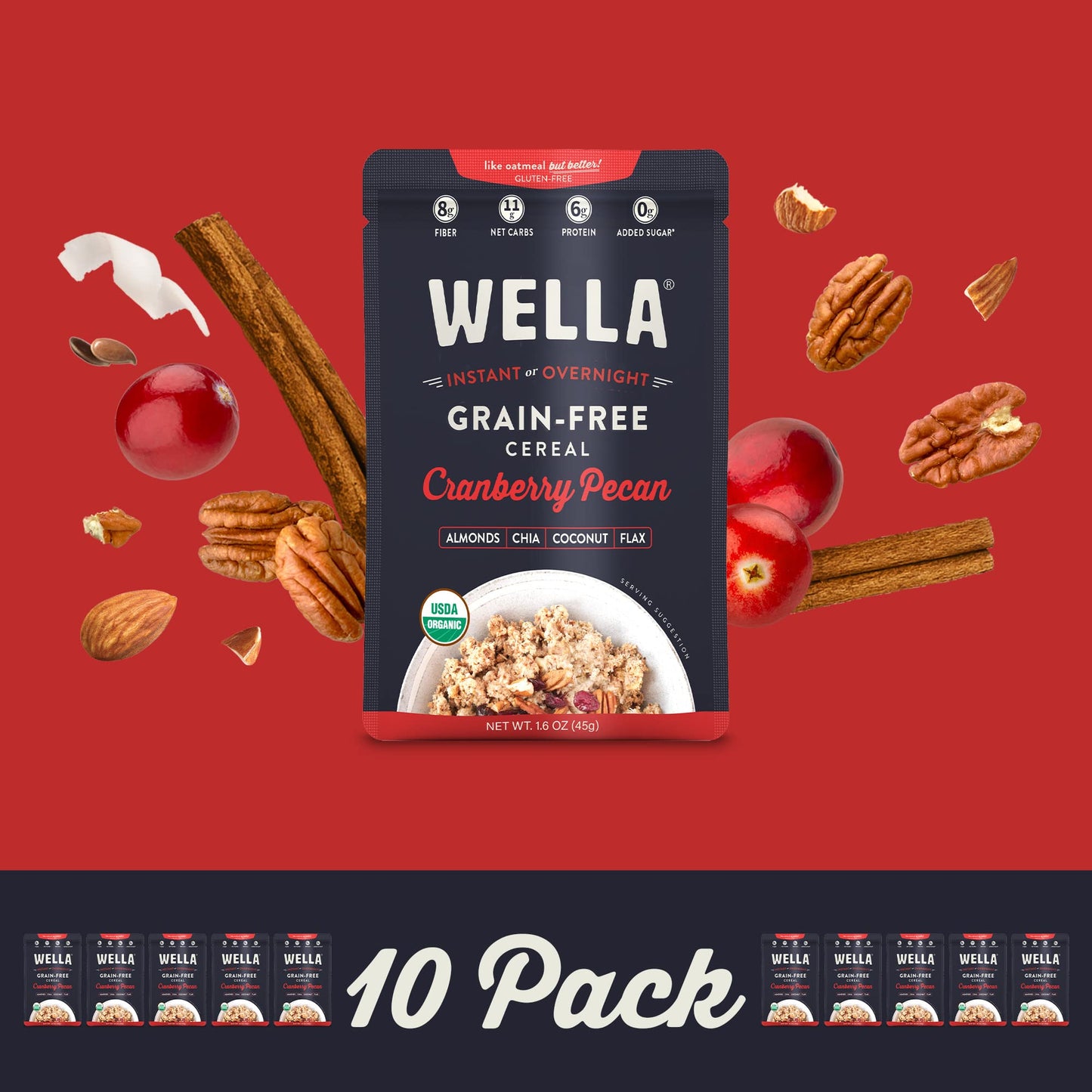 Wella Gluten-Free Hot Cereal, Oatmeal Alternative, Cranberry Pecan, 10 Pack, 1.6 oz, Plant-Based, Non-GMO, Paleo
