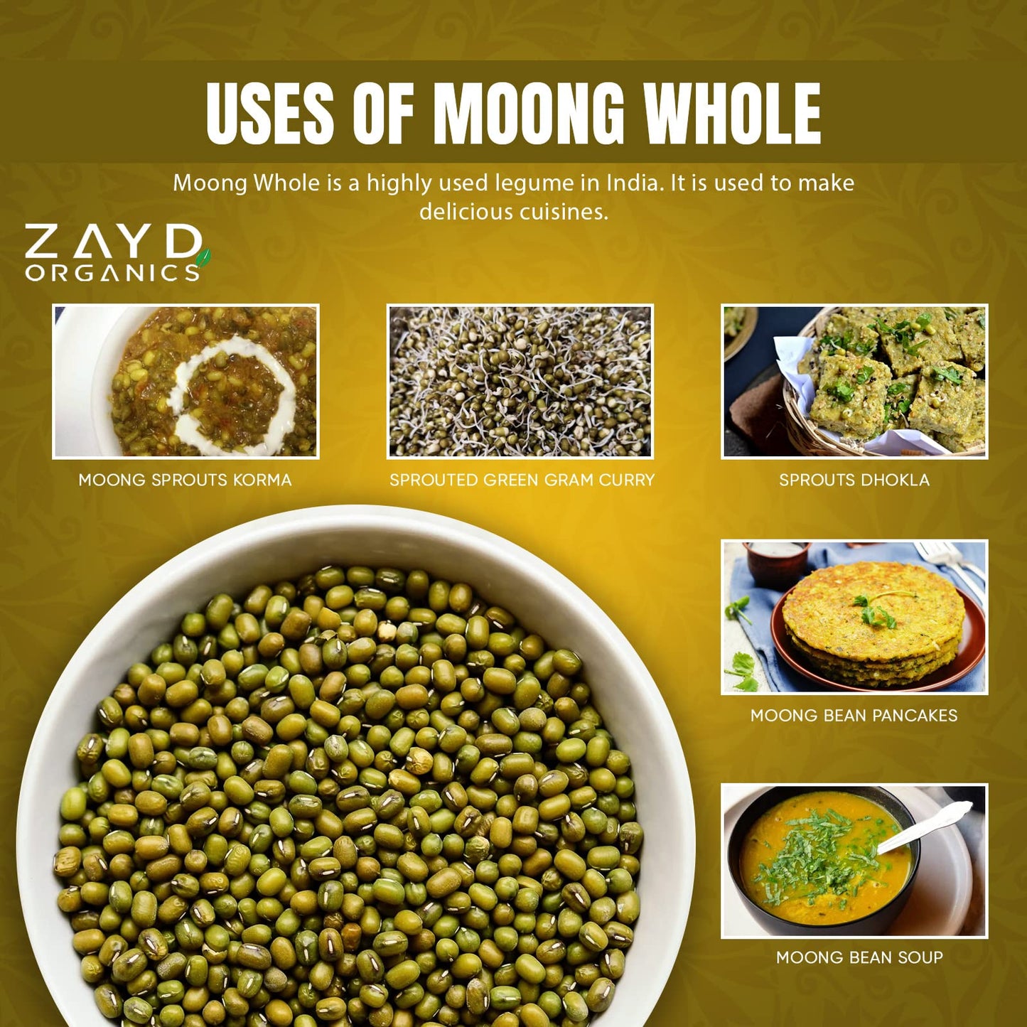 Zayd Organics Moong Whole 1.75lbs (800g) Green Mung Beans