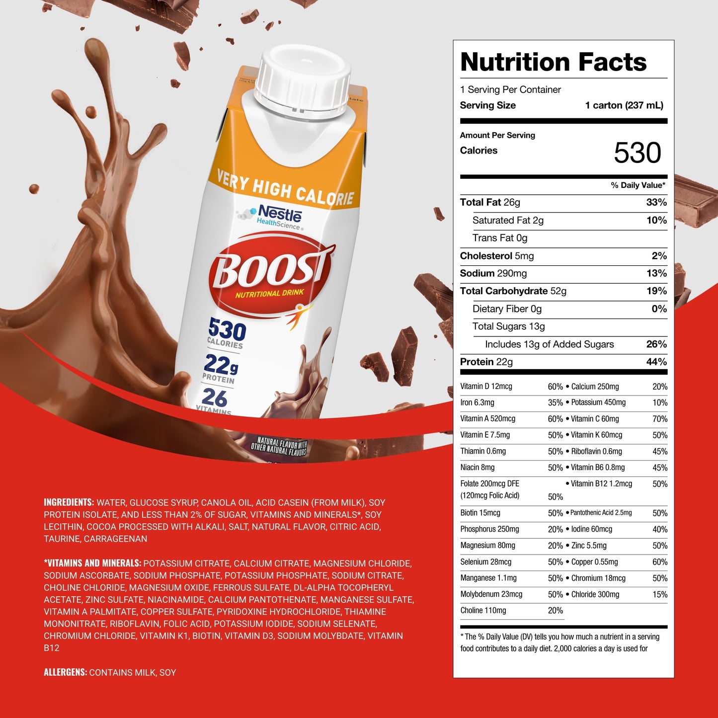 BOOST Nutritional Drink - Very High Calorie, 22g Protein, 530 Calories - 8 fl oz, Chocolate - Pack of 24