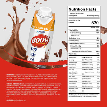 BOOST Nutritional Drink - Very High Calorie, 22g Protein, 530 Calories - 8 fl oz, Chocolate - Pack of 24