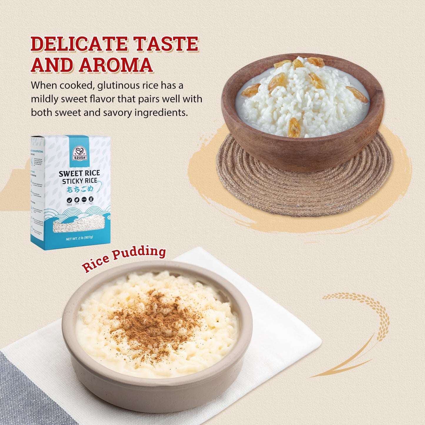 52USA Sweet Sticky Rice, Premium Glutinous Rice, Gluten-Free, Vegan, 2 Pound (Pack of 3)