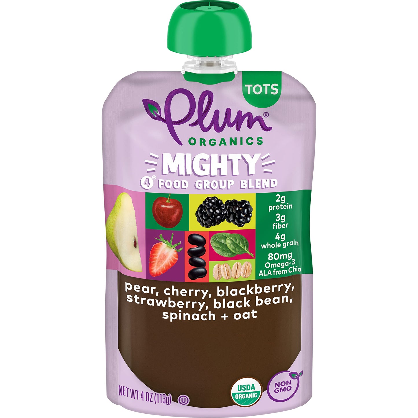 Plum Organics Mighty 4 Organic Toddler Food - Pear, Cherry, Blackberry, Strawberry, Black Bean, Spinach, And Oat - 4 Oz Pouch - 