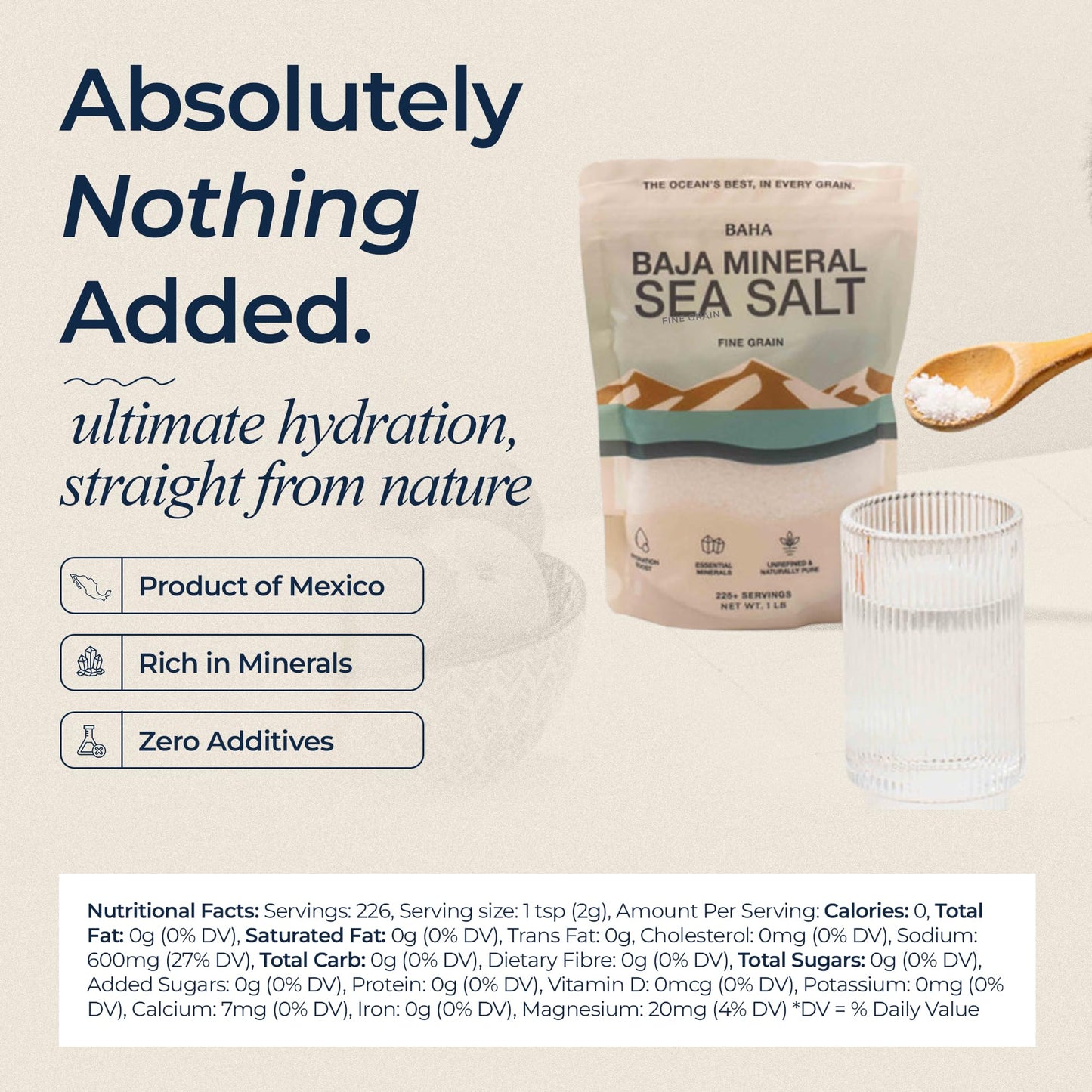 BAHA - Baja Mineral Sea Salt | Fine Grain Baha Mineral Salt from Sea of Cortez | Low Sodium & Mineral | For Cooking  Plating and Hydration | Traceable Origins | 1 Lb. Bag