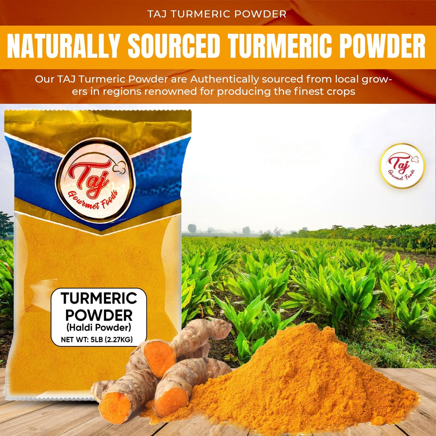 Taj Premium Indian Turmeric Haldi Powder, Curcumin Ground, (5-Pounds Jar) Bulk Packaging