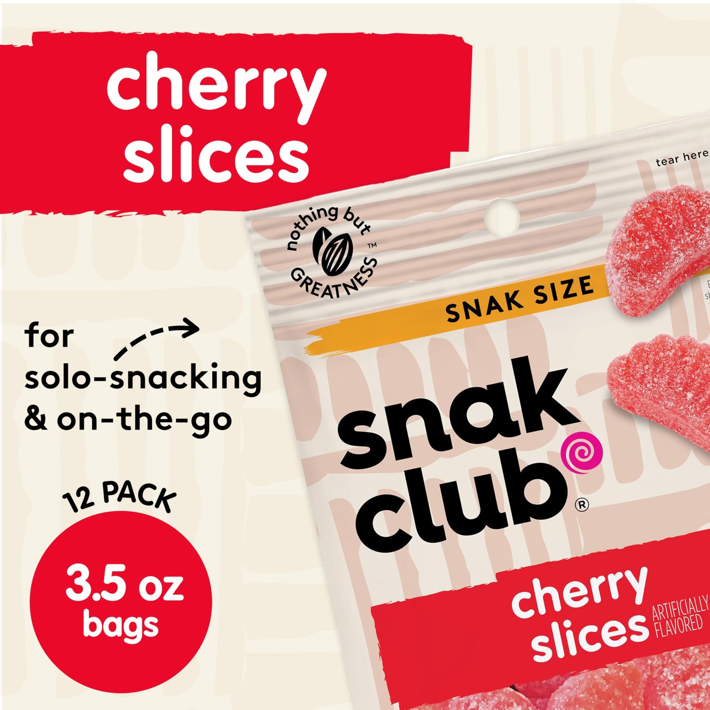 Snak Club Cherry Slices Gummy Candy, Fruit Flavored Candy Gummies, Soft and Chewy, Fat-Free and Gluten-Free Snacks, 3.5 oz Snack