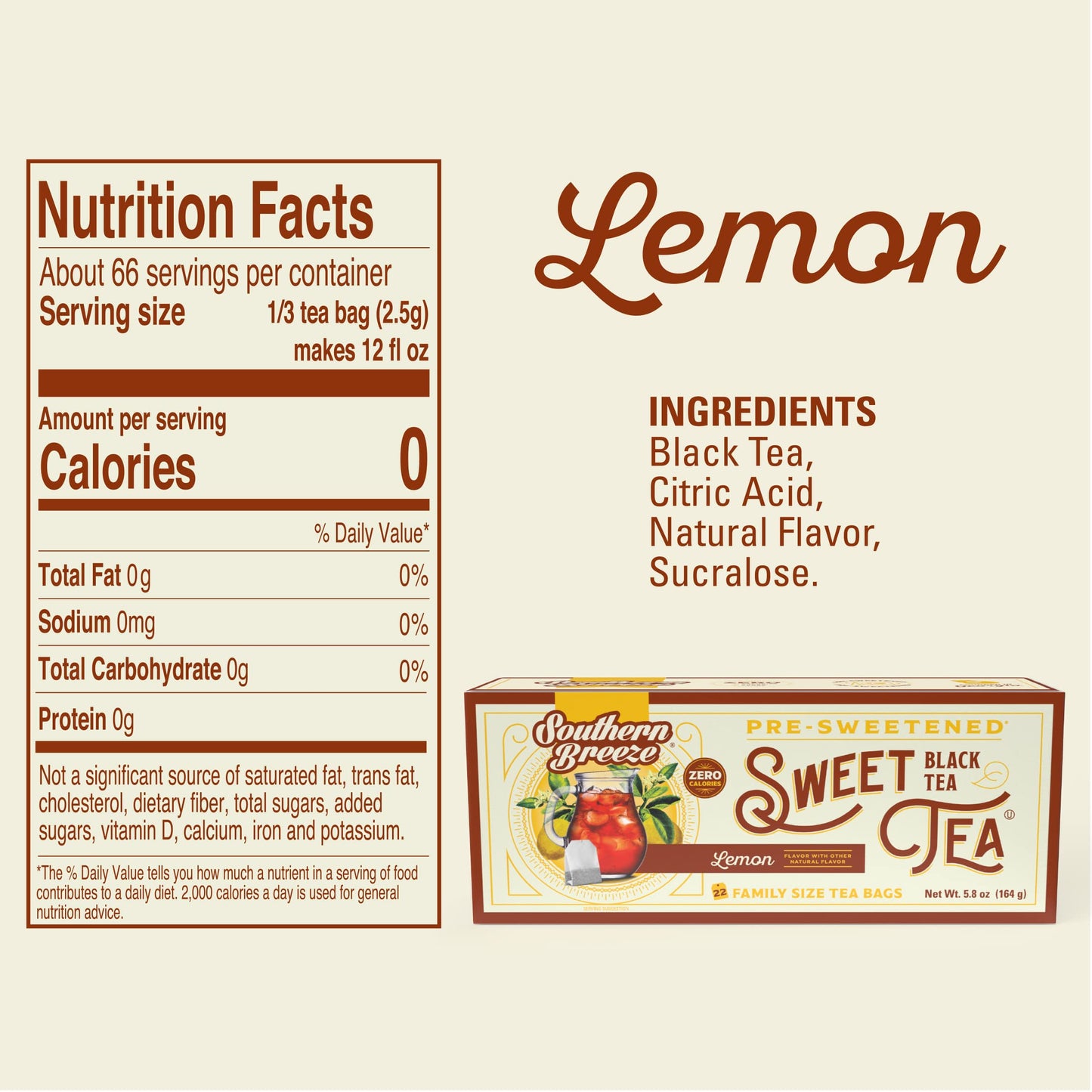 Southern Breeze Hot Brew Sweet Tea Lemon Iced Tea With Black Tea And Zero Carbs Zero Sugar, 22 Individually Wrapped Family Size