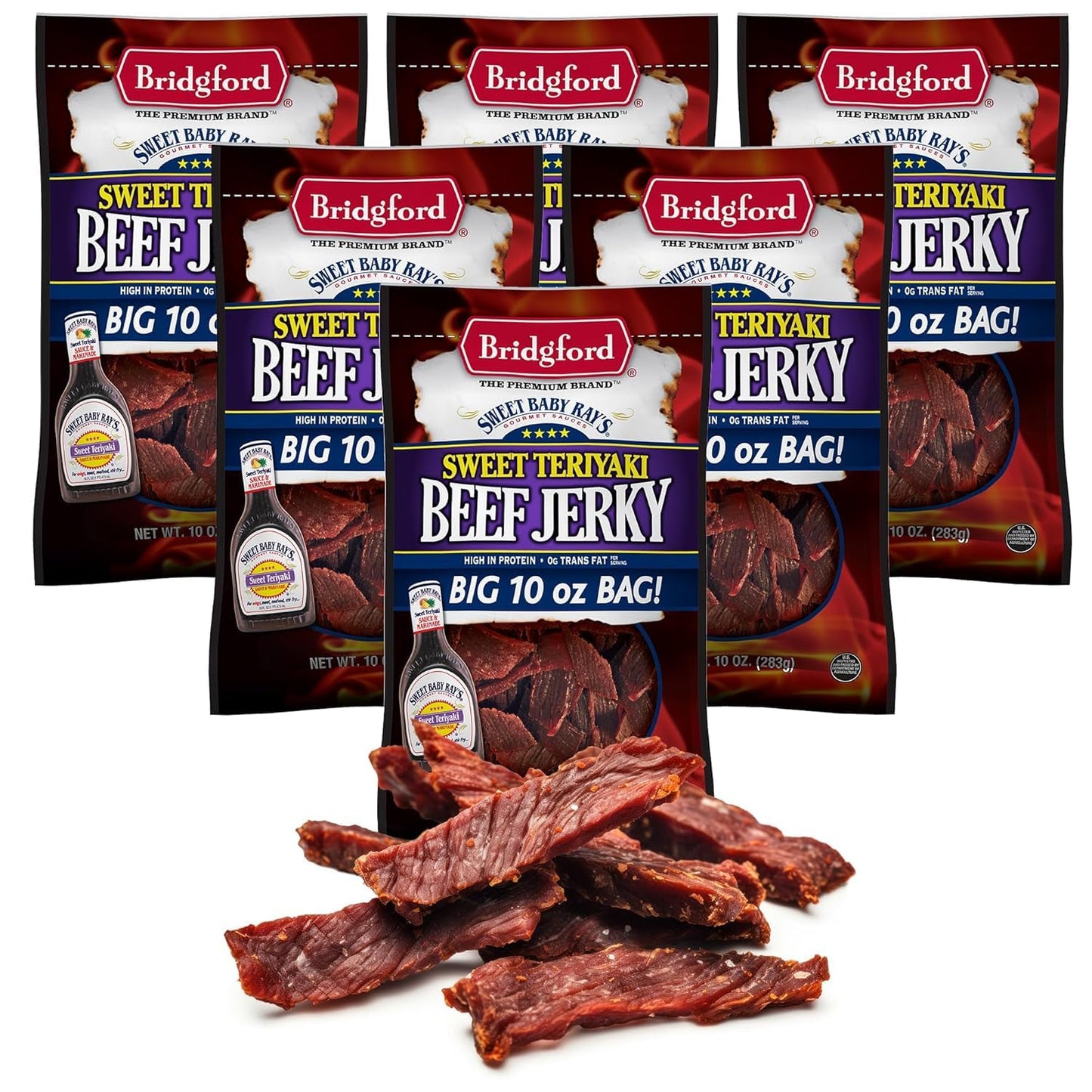Bridgford Sweet Baby Rays Beef Jerky Sweet Teriyaki 10 oz Pack of 6 - High Protein Beef Jerky for Low Carb and High Protein Diet