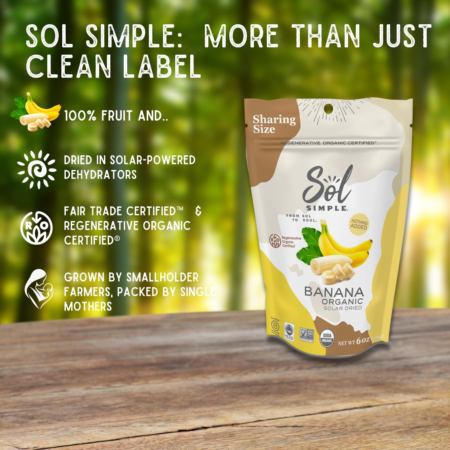 Sol Simple Regenerative Organic Certified, Dried Banana | 3Oz Snack Pack (3 Bags Total) | Dried Fruit | Vegan | Non-Gmo | No Add