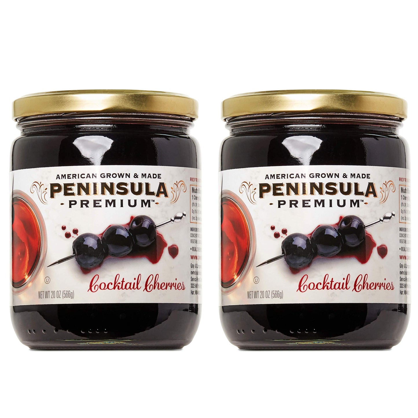 PENINSULA PREMIUM Cocktail Cherries, 20 oz (2-Pack), Deep Burgundy-Red, Sweet-Tart Flavor, American Grown & Made