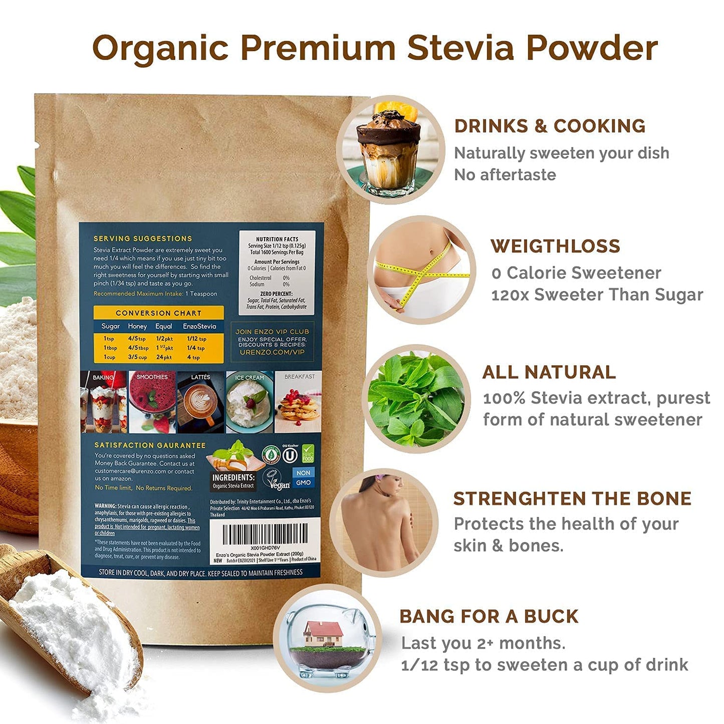 Easy Use Organic Stevia Powder 200G (7.05Oz / 1600 Servings) All Natural Alternative Sweetener 12 X Sweeter Than Processed Sugar