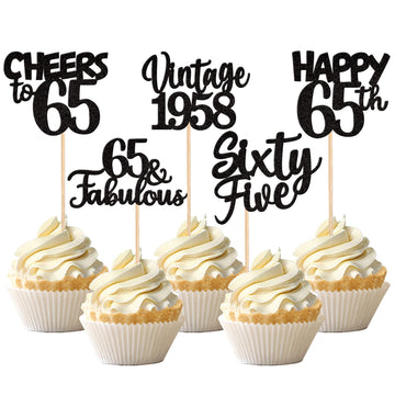 30Pcs Happy 65Th Birthday Cupcake Toppers Glitter Sixty Five Vintage 1958 Cupcake Picks 65 Fabulous Cheers To 65 Years Cake Deco