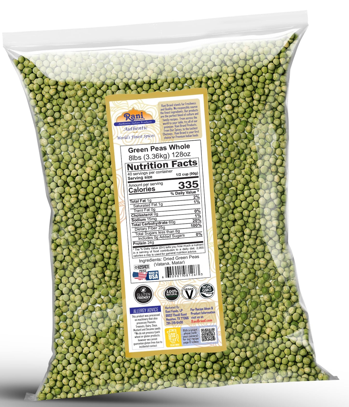 Rani Green Peas Whole, Dried (Marrowfat Peas, Vatana, Matar) 128Oz (8Lbs) 3.63Kg Bulk ~ All Natural | Vegan | Kosher | Gluten Fr