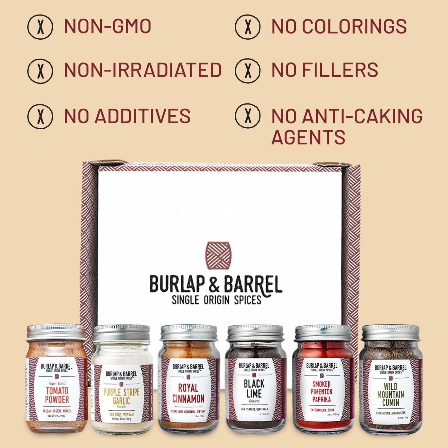 Burlap & Barrel 6-Pack Spice Gift Set - Includes Cinnamon, Garlic & More - 2.27 Ounce Jars - Model S-PL-9761