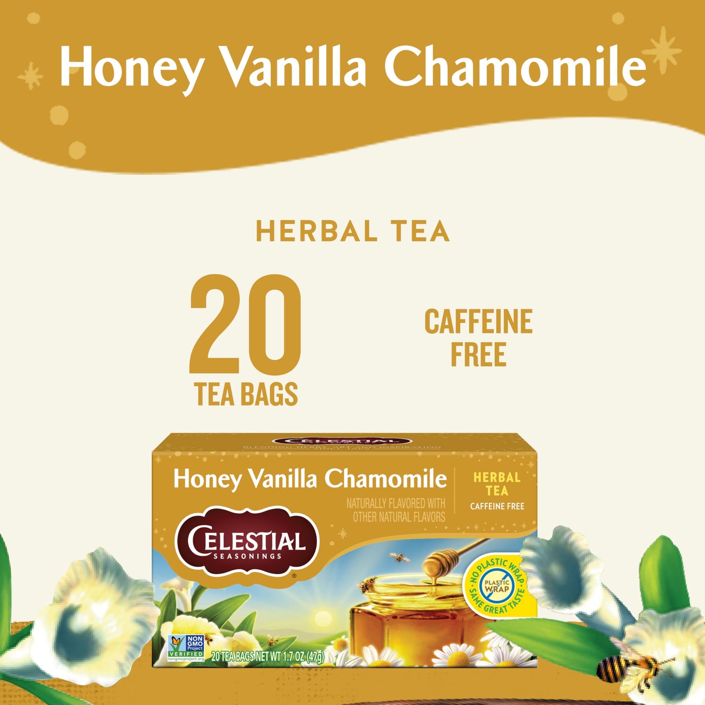 Celestial Seasonings Chamomile Tea Bags - Honey Vanilla, Caffeine Free, 20 Count (Pack of 6)