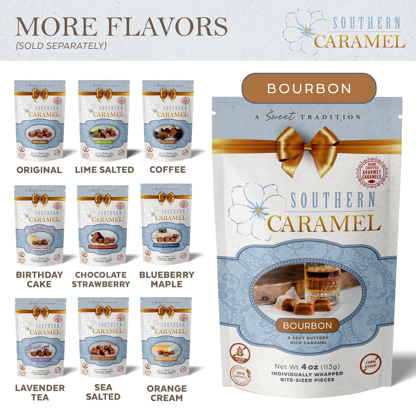 Southern Caramel Spirit-Inspired Flavor Caramels, Soft Buttery Gourmet Caramel Candy Infused With Smooth, Top-Shelf Spirit-Inspired Flavor, Handcrafted, Small Batch, Gluten Free, No Corn Syrup, Wrapped, Gift Ready Pieces, 4 Oz (Pack Of 1)
