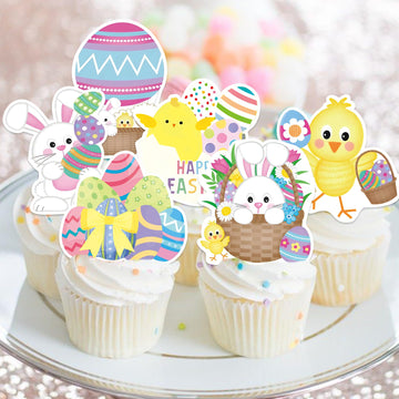Foowztao 42Pcs Happy Easter Cupcake Toppers Wafer Paper Cake Picks Easter Theme Birthday Party Spring Theme Baby Shower Party Su