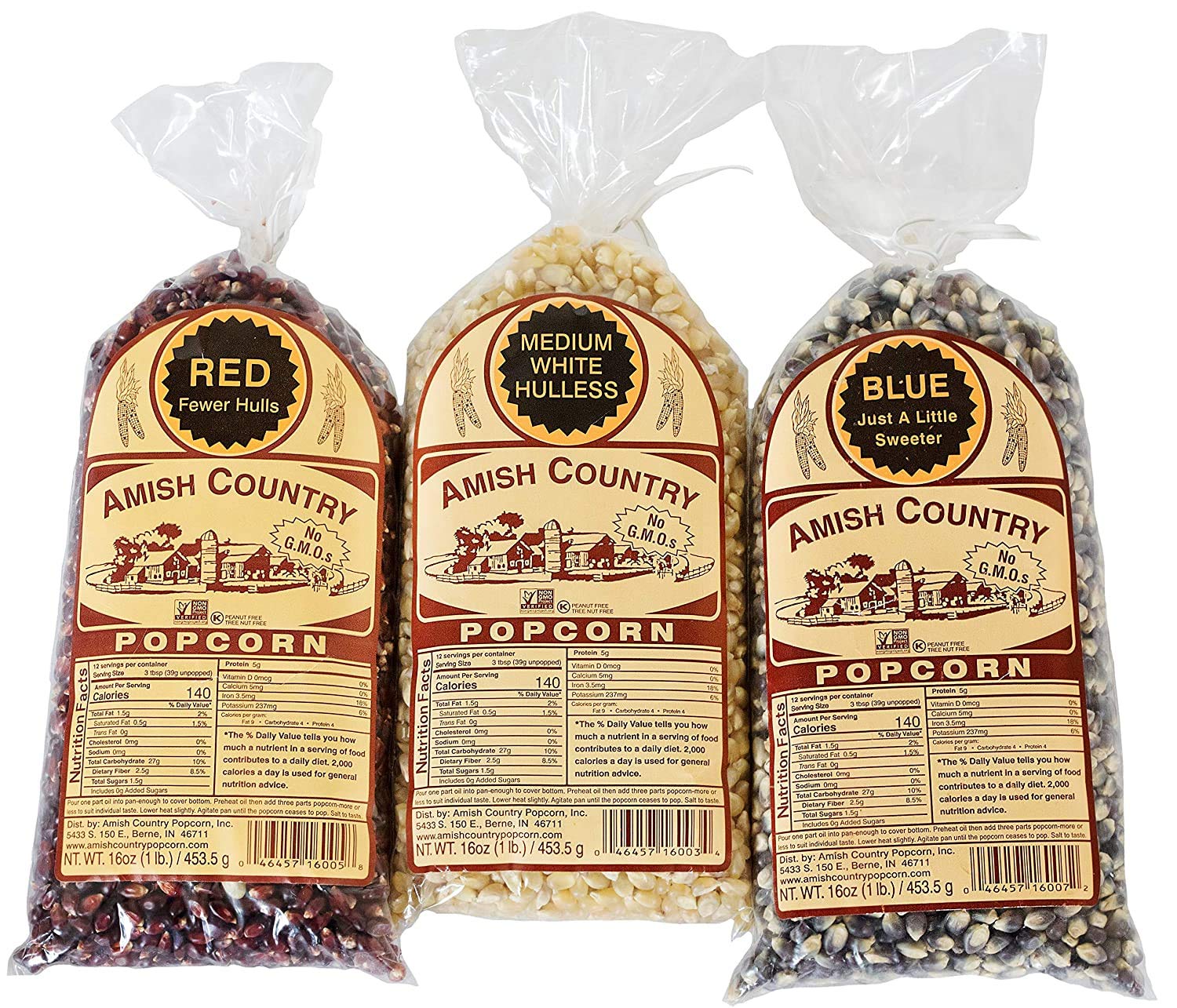 Amish Country Popcorn | Variety Bundles | 3-1 lb Bags | Red - White - Blue Popcorn Kernels | Old Fashioned, Non-GMO and Gluten F