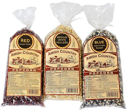 Amish Country Popcorn | Variety Bundles | 3-1 lb Bags | Red - White - Blue Popcorn Kernels | Old Fashioned, Non-GMO and Gluten F