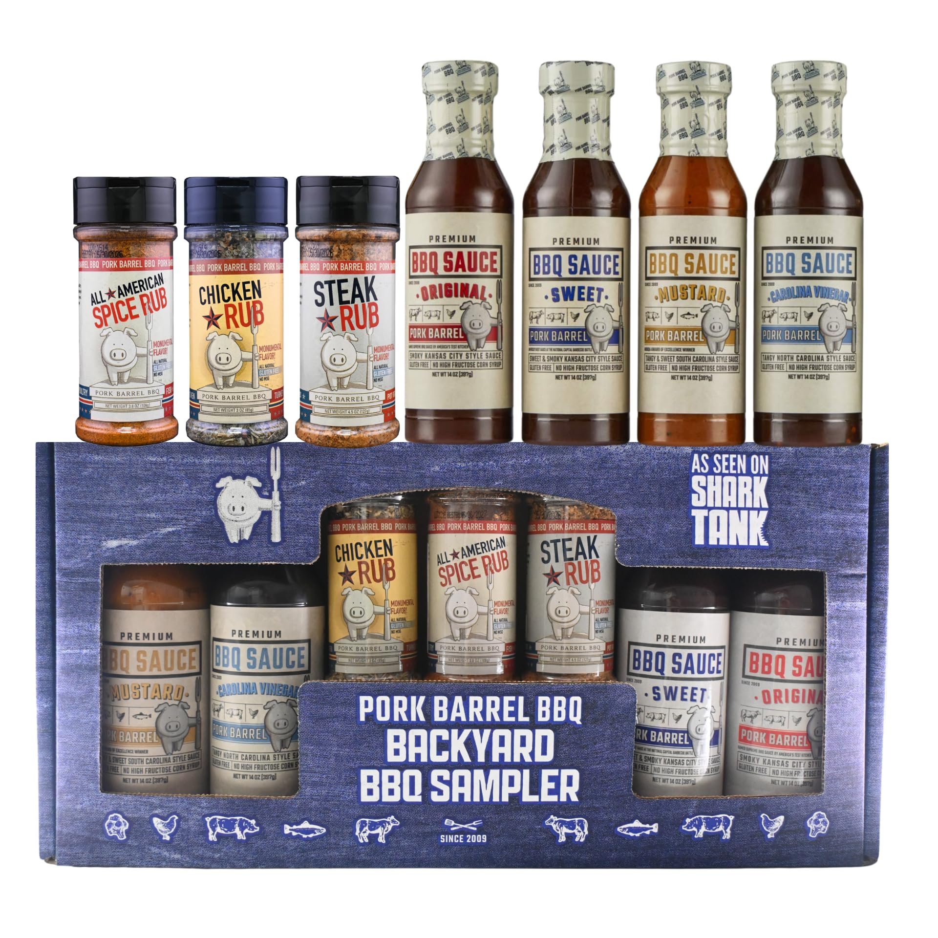 Pork Barrel Bbq Backyard Gift Set – 4 Competition Bbq Sauces & 3 Seasoning Rubs | Barbecue Gifts For Men | Perfect For Pork, Steak & Chicken Wings| Gift Pack For Dad, Birthday & Holiday