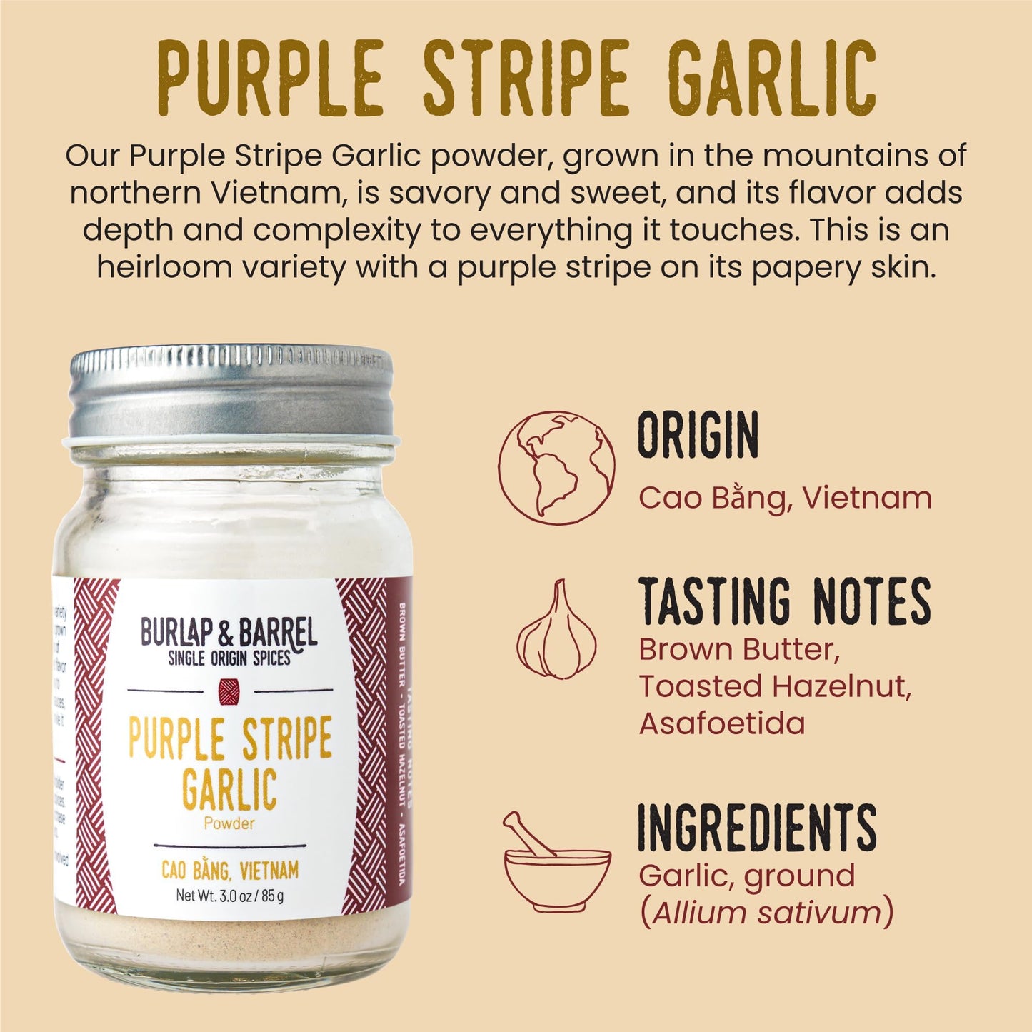 Burlap & Barrel Purple Stripe Garlic - 3oz Glass Jar - Savory Flavor for Sauces, Chicken, Pizza - Alternative to Fresh Garlic