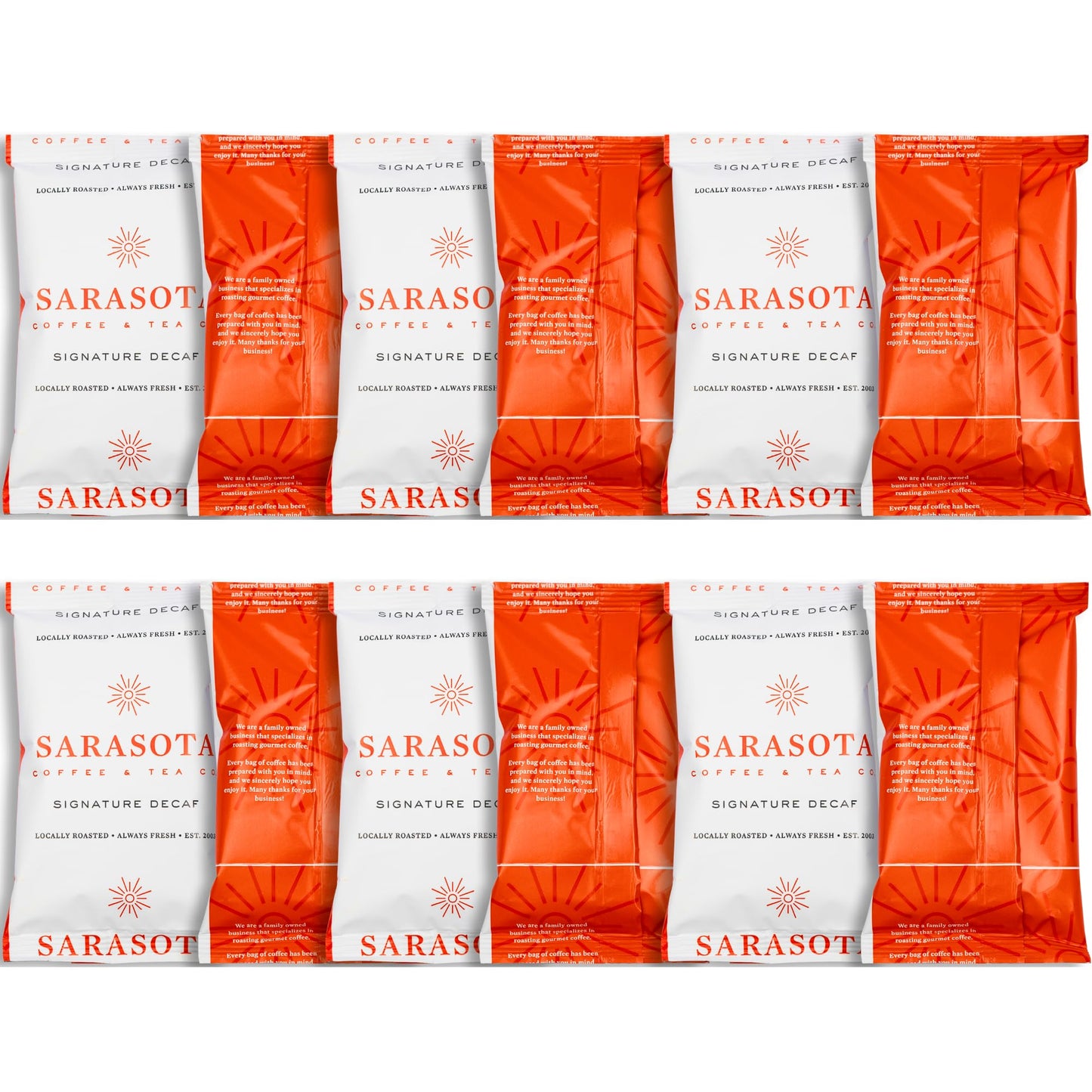 SARASOTA COFFEE & TEA CO. Gourmet Decaf Medium-Dark Roast Ground Coffee, 2 Ounce Bags, Pack of 12, Low Acid, Mold Free