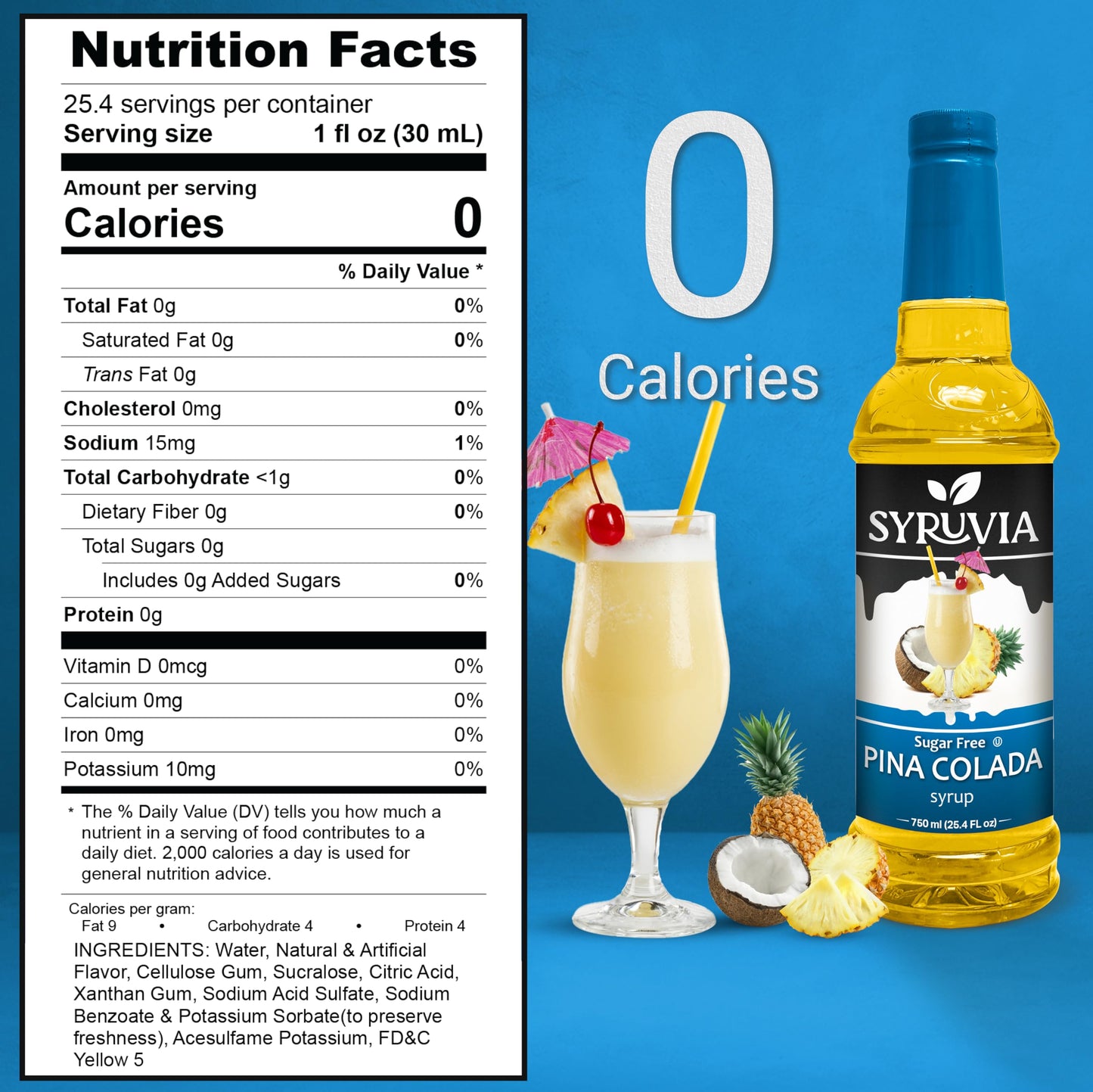 Syruvia Sugar-Free Pina Colada Syrup - 25.4 fl oz. Premium Coffee Flavoring Syrup. 0 Calories, Kosher, and Gluten-Free. Perfect