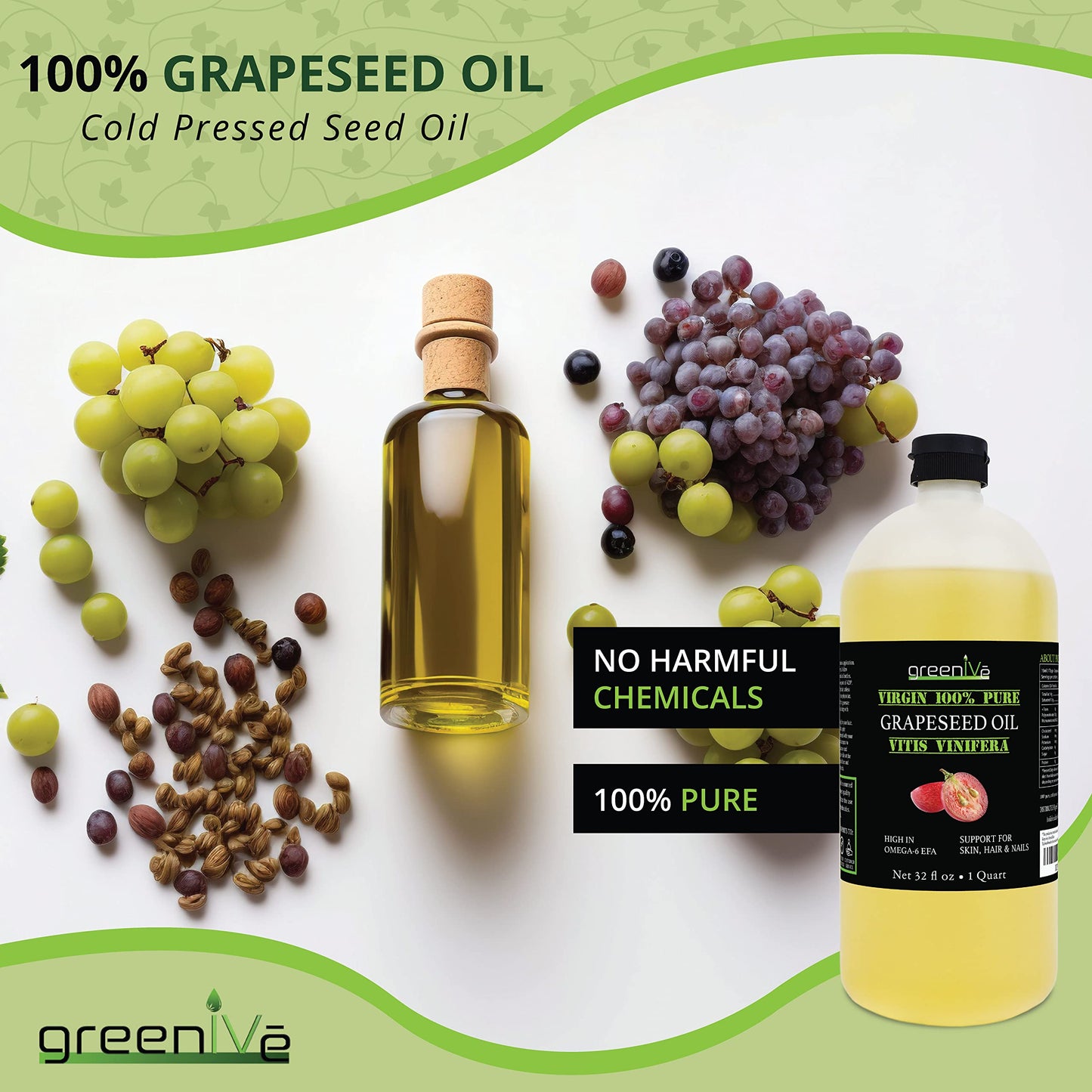 Greenive Grapeseed Oil Organically Grown 100% Pure Cold Pressed Light Flavor High Tempurature Cooking 32Oz