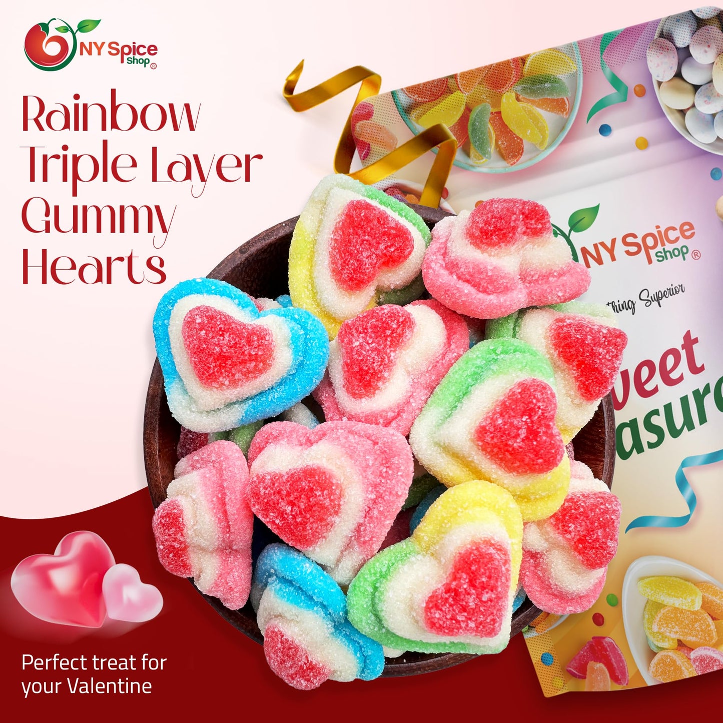 Ny Spice Shop Triple Layered Heart Shaped Gummy Candy - 1 Pound Love Gummy Hearts Snacks Candy - Heart Gummy Candy For Gift Bask