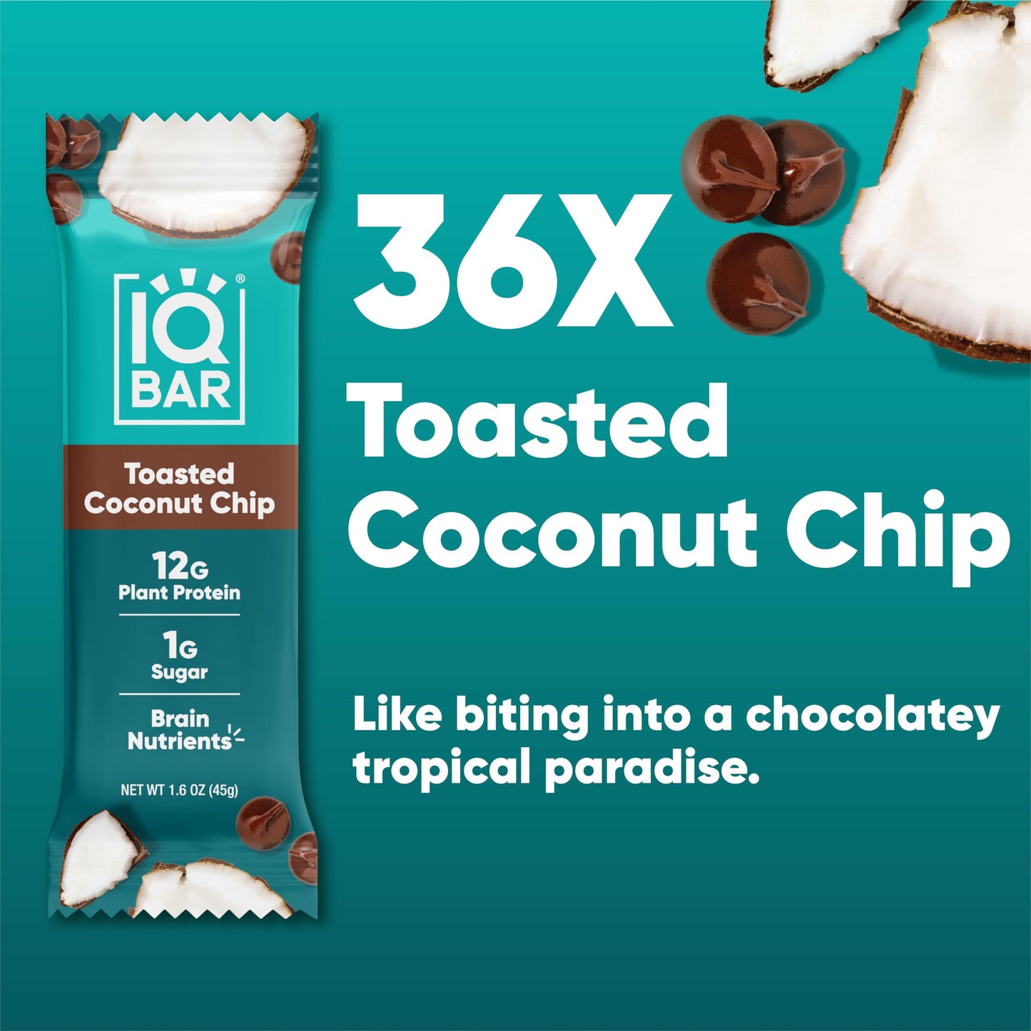 IQBAR Plant Protein Bars - Toasted Coconut Chip - Gluten Free, Low Carb, High Fiber - 36 Count