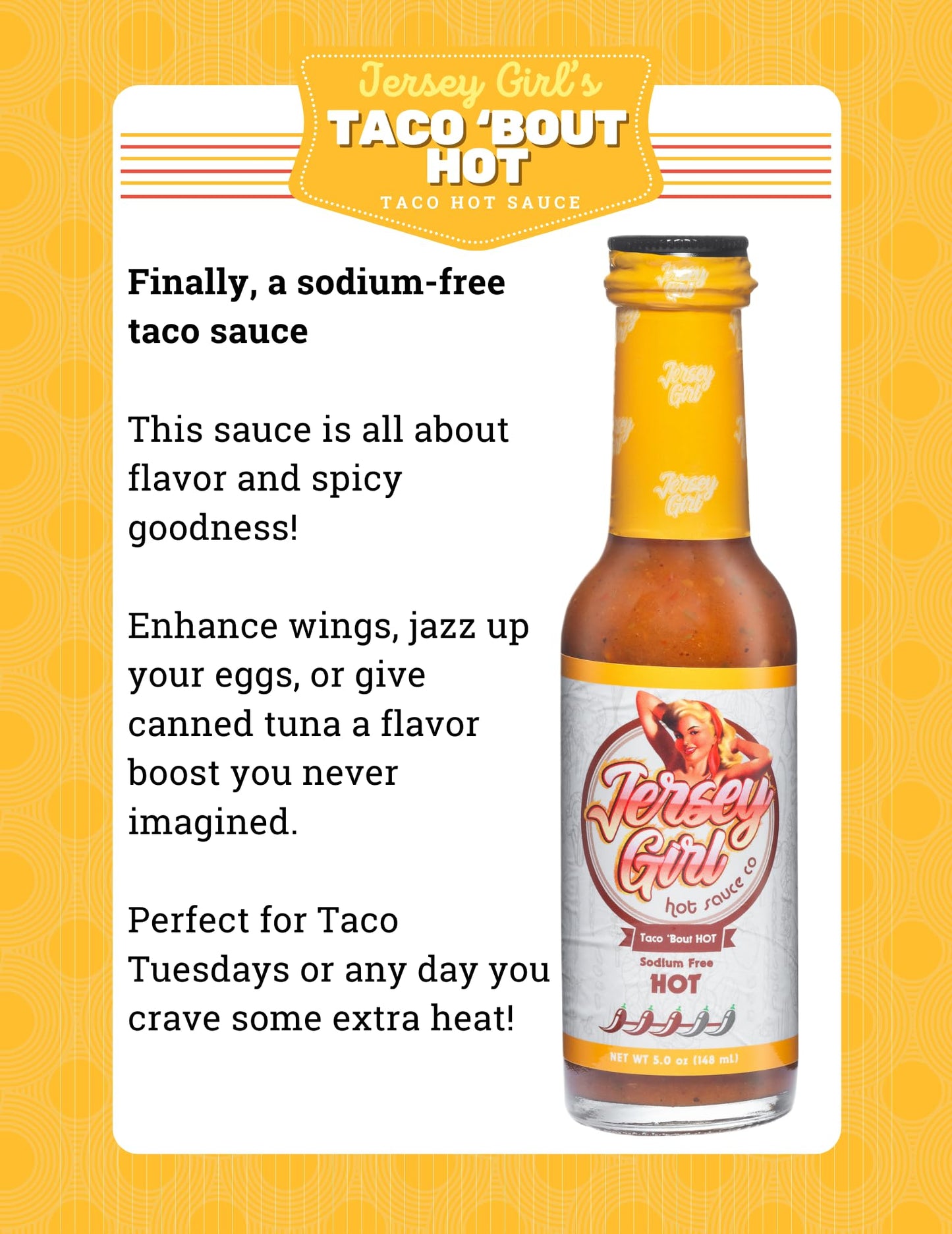 Jersey Girl Taco Bout Hot Sauce - Naturally Sodium Free, Gluten Free, Keto Friendly - 5oz