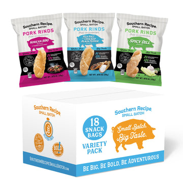 Pork Rinds Variety Pack | Salt & Pepper, Korean Bbq, & Spicy Dill | Southern Recipe Small Batch Chicharrones | Keto Friendly & L