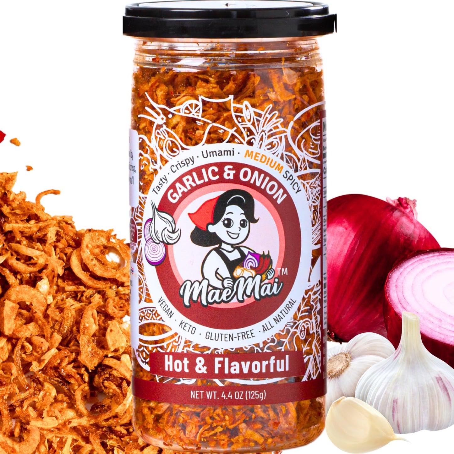 MaeMai Chili Crisp (MEDIUM HOT Spice) - Non-Oily Chili Crisp Topper  Rice Seasoning  Ramen Topper  Furikake  Umami Onion & Garlic Flakes | 4.41oz (125g) Resealable Bottle