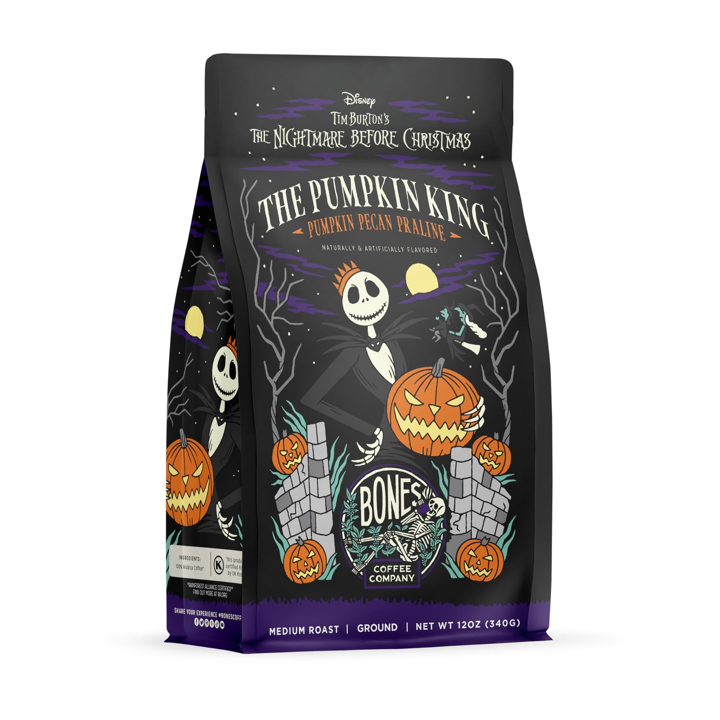 Bones Coffee Company Pumpkin King Flavored Ground Coffee Beans Pumpkin Pecan Praline Flavor, Made With Arabica Coffee Beans, Medium Roast Coffee Inspired By The Nightmare Before Christmas (12 Oz)