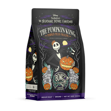 Bones Coffee Company Pumpkin King Flavored Ground Coffee Beans Pumpkin Pecan Praline Flavor, Made With Arabica Coffee Beans, Medium Roast Coffee Inspired By The Nightmare Before Christmas (12 Oz)