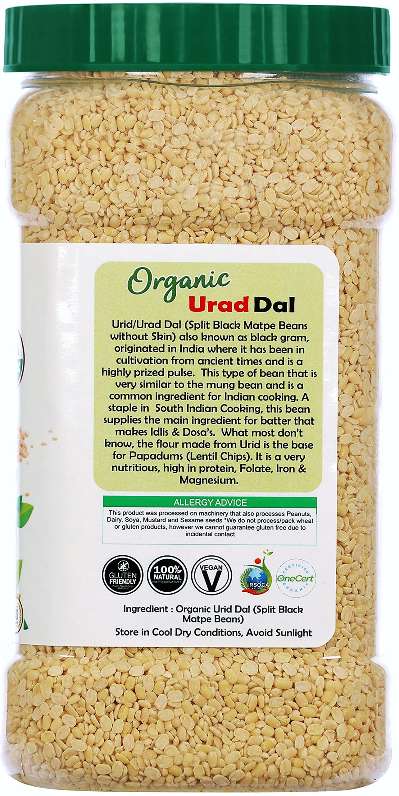 Rani Organic Urid/Urad Dal (Split Matpe Beans Skinless) Indian Lentils 64Oz (4Lbs) 1.81Kg Bulk Pet Jar ~ All Natural | Vegan | G
