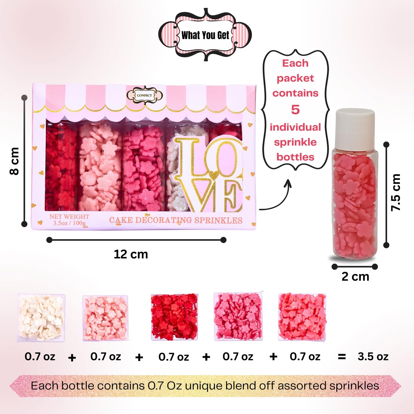 Confect Pink, Red & White Flowers Sprinkles | Anniversary Sprinkle | Sprinkles For Baking & Cake Decorative | Cookie Sprinkles |