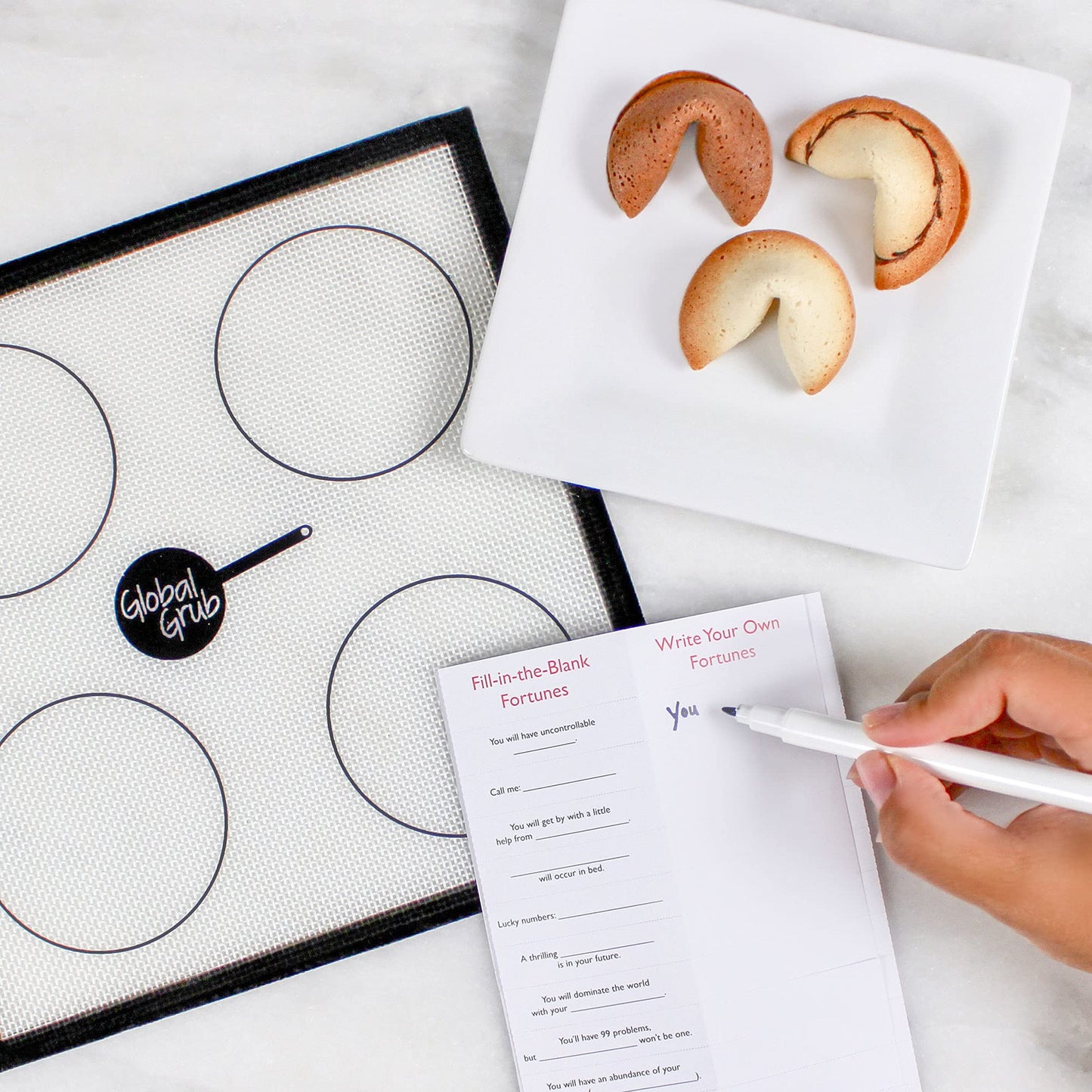 Global Grub Diy Fortune Cookie Kit - Personalized Fortune Cookies Kit Includes Pastry Flour, Sugar, Cocoa Powder, Baking Mat, Paper Fortunes, Edible Ink Pen, Step-By-Step Instructions. Makes 48.