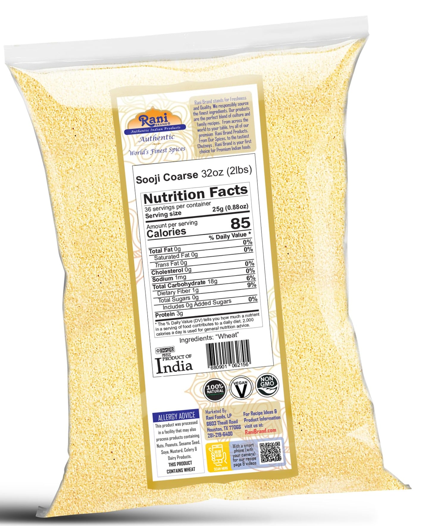 Rani Sooji Coarse (Farina, Suji, Rava, Rawa, Wheat Semolina) Flour 32Oz (2Lbs) 908G ~ All Natural | Vegan | Non-Gmo | Kosher | Indian Origin
