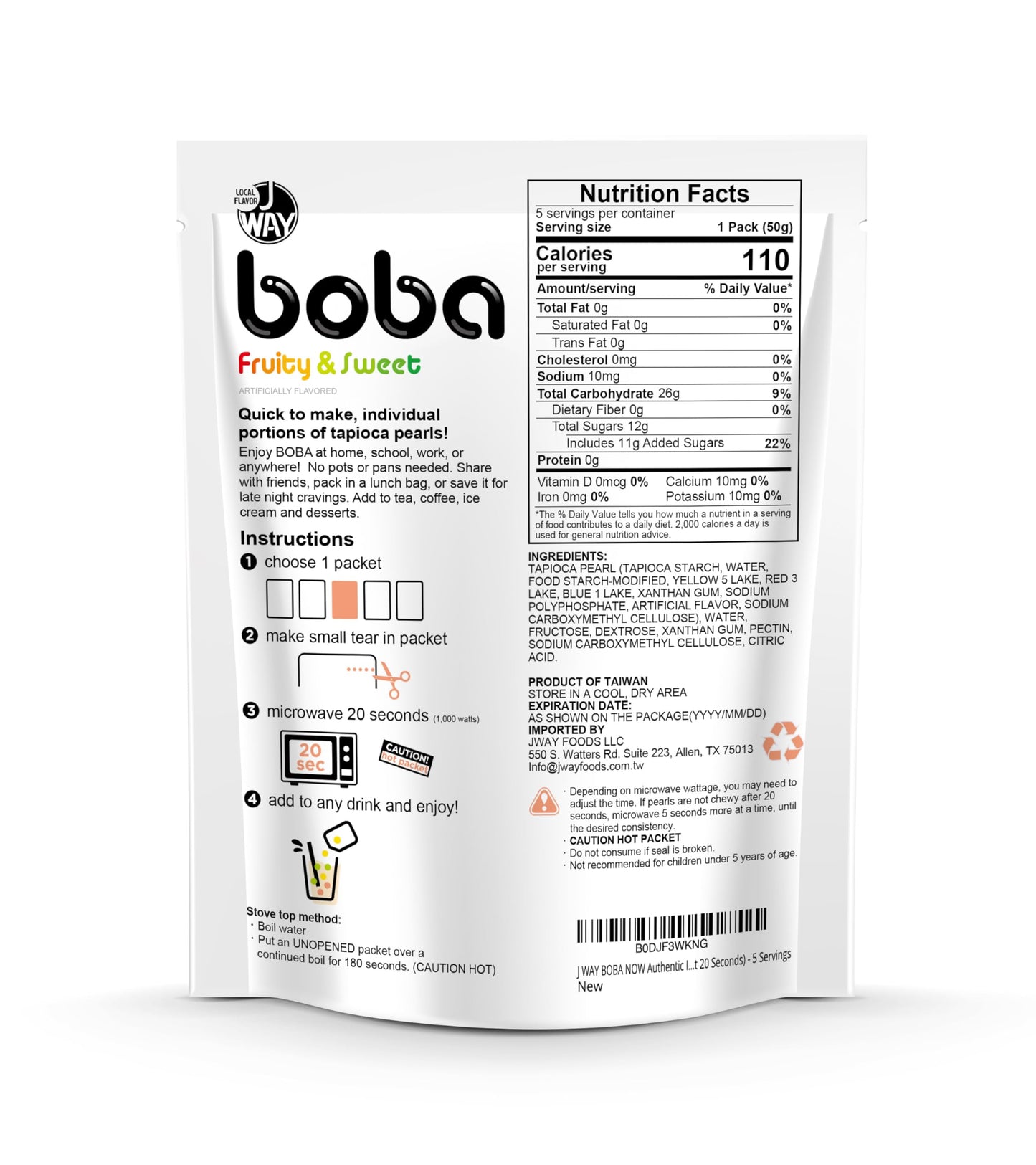 J WAY BOBA Authentic Instant Tapioca Pearls for Milk Tea & Desserts, Tropical Fruit Flavor, 5 Count