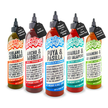 Humble House - Hot Sauce Variety Pack With 5 Low-Sodium Vegan Condiments For Chicken Wings, Tamales, Tacos, Sopes & More, All-Natural Preservative-Free Sauces For Food, 9.5 Oz Per Bottle