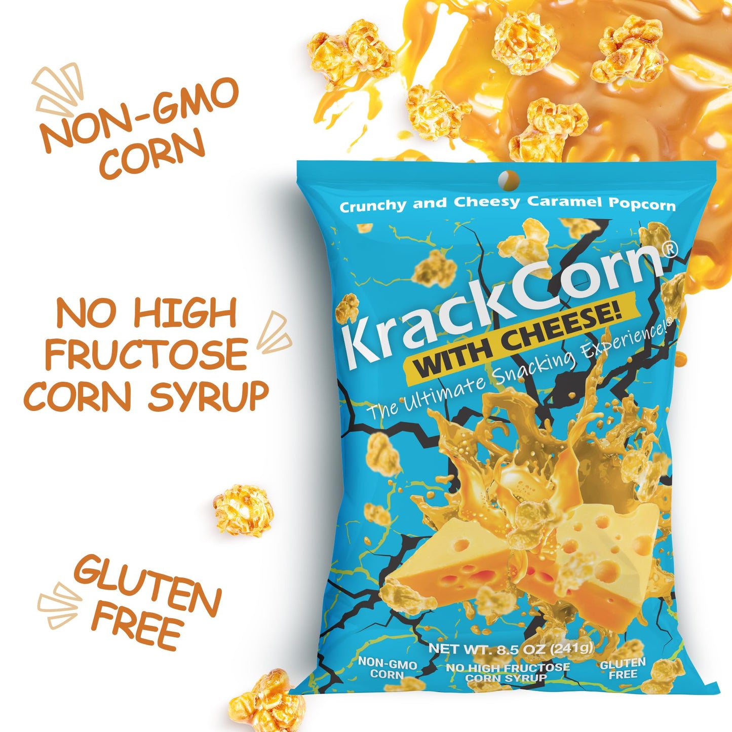 KrackCorn Cheddar Cheese Popcorn - Gluten-Free, Non-GMO, Sweet and Salty Snack - 8.5 oz, Pack of 3