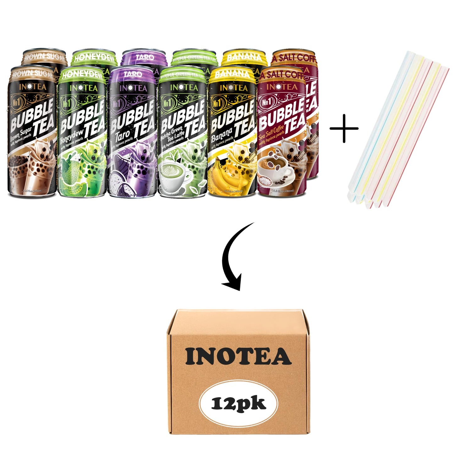 (Pack Of 12) Inotea Bubble Tea | Choose One Flavor: Brown Sugar, Taro, Honeydew, Banana, Matcha Latte, Sea Salt Coffee, And Asso
