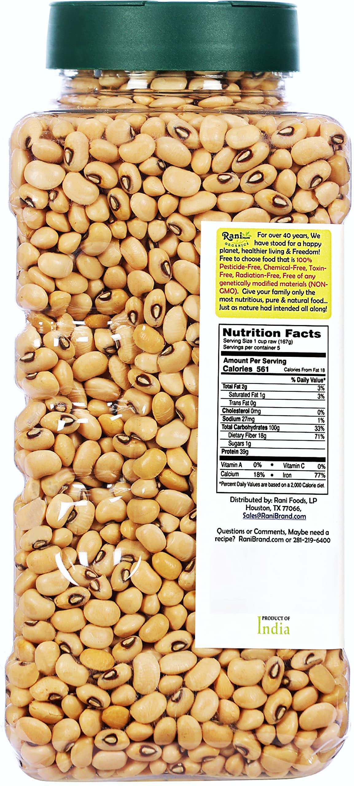 Rani Organic Black Eyed Peas (Dried Lobia) 32Oz (2Lbs) 908G Pet Jar ~ All Natural | Vegan | Gluten Friendly | Non-Gmo | Indian O